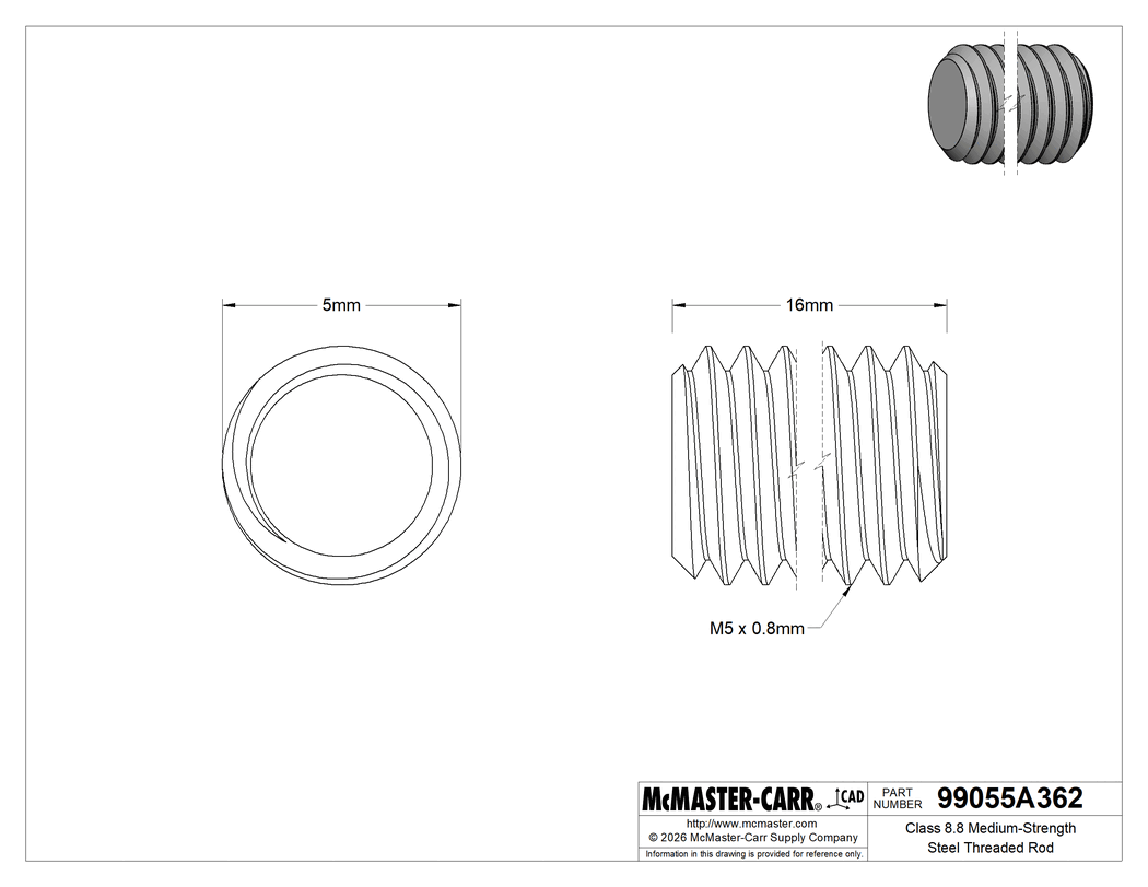 Technical Drawing of Class 8.8 Medium-Strength Steel Threaded Rod, M5 x 0.8 mm Thread Size, 16 mm Long.